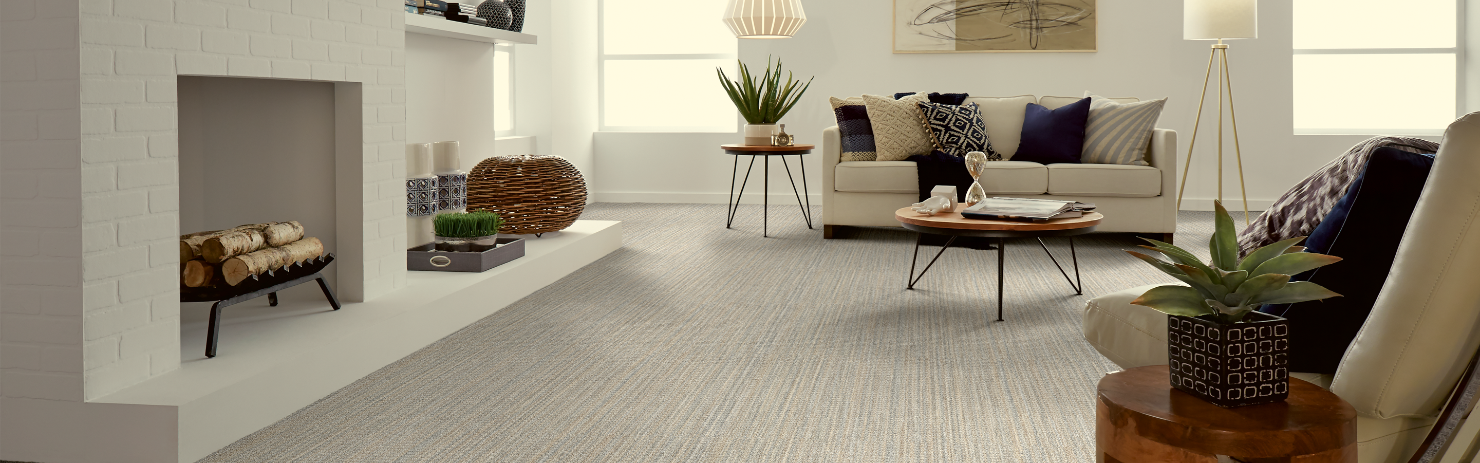 neutral greige patterned carpet in living room
