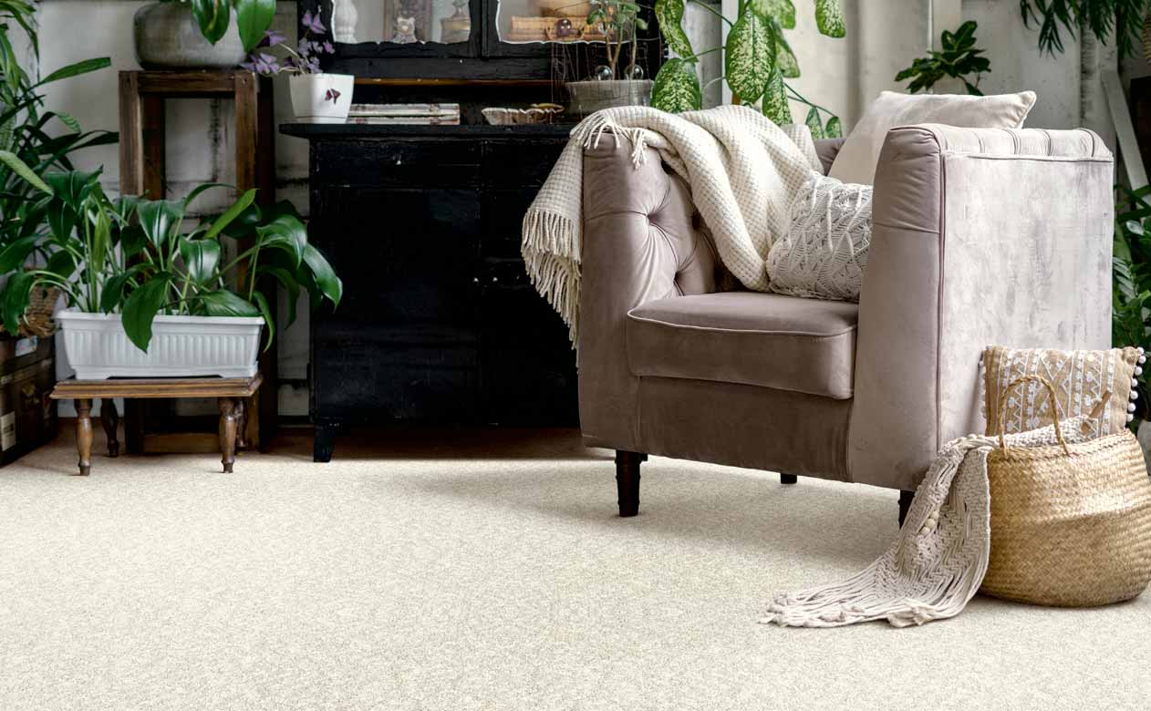 beige carpet in a living room with velvet accent chair