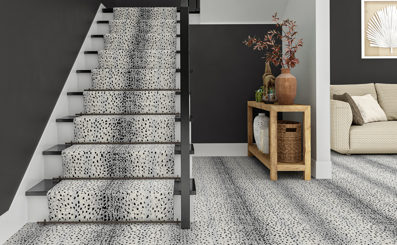 grey statement carpet on stairs