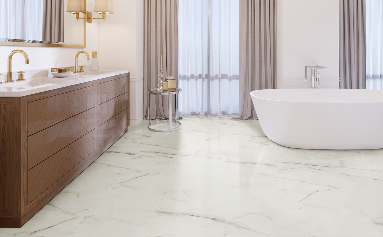 White marble-look vinyl tile in white bathroom 