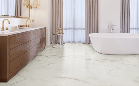 White marble-look vinyl tile in white bathroom 