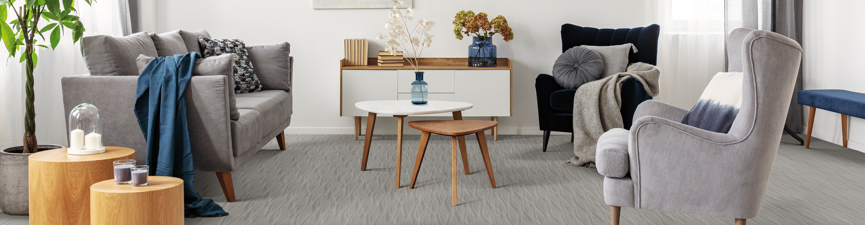 grey patterned carpet in midcentury modern living room